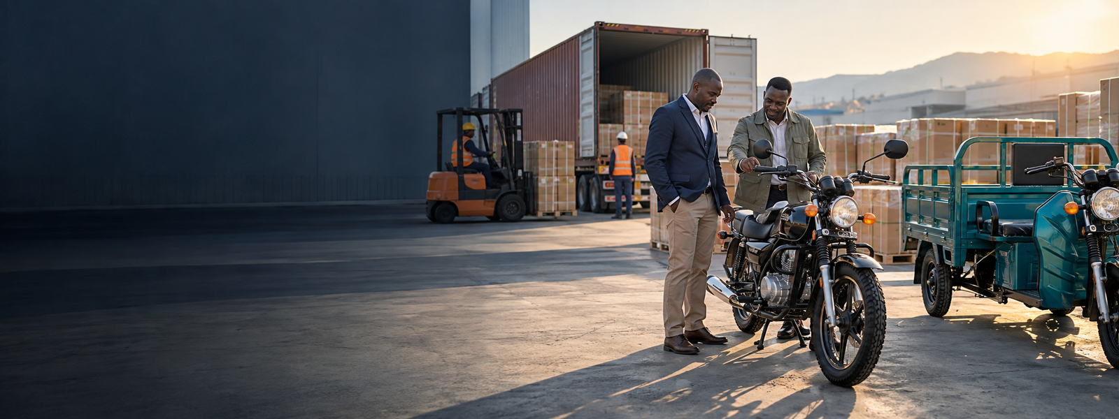 African dealership buyers reviewing commercial motorcycles and cargo tricycles at a China export yard
